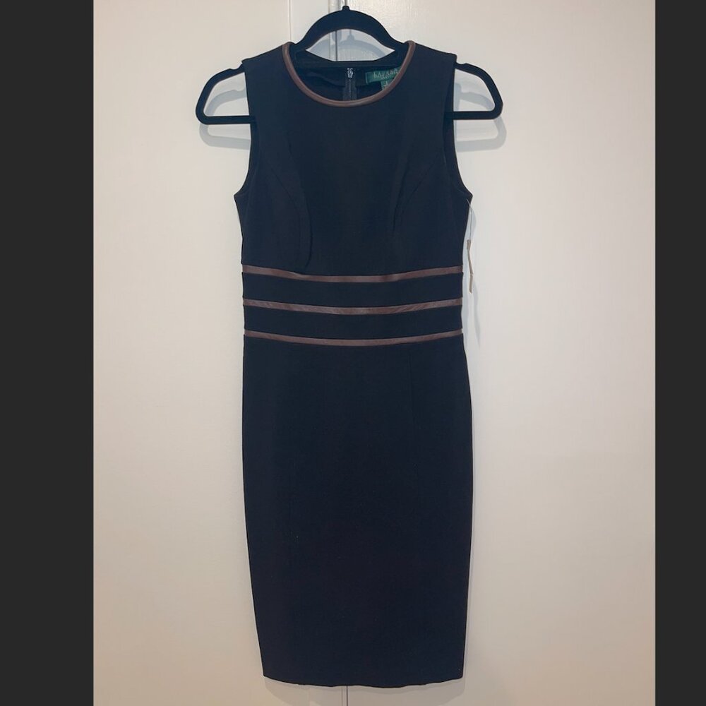 NWT Lauren by Ralph Lauren Black Sheath Dress with Lamb Leather Accents